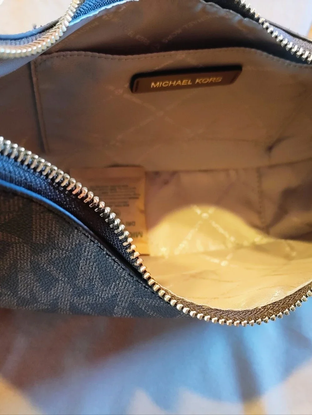 Michael Kors Navy MK Logo Crescent Hobo with Brown Trim